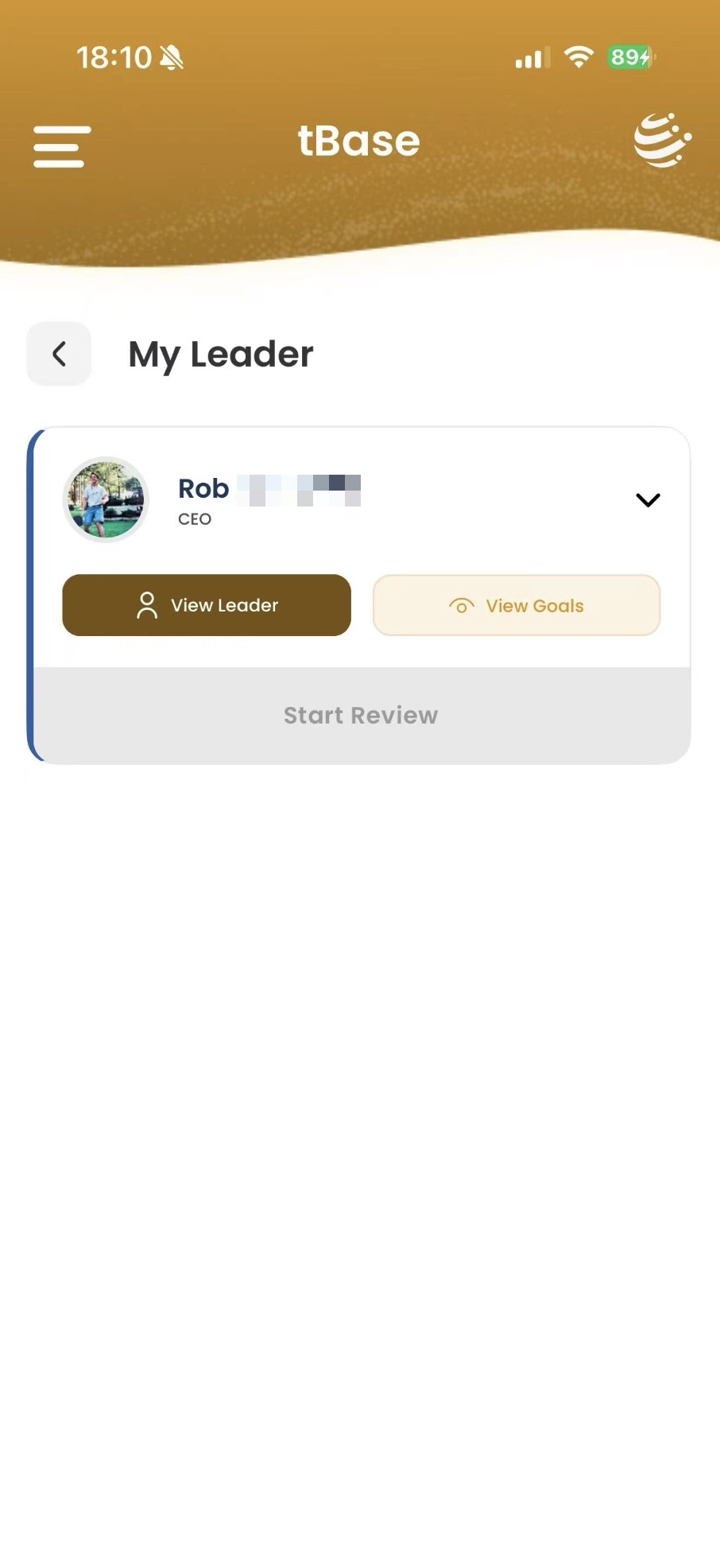 My Leader card with View Leader, View Goals, and Start Review