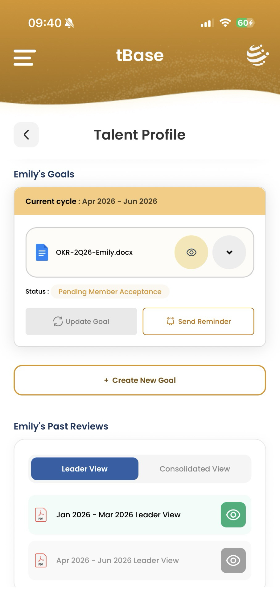 Talent Profile — goals card and Create New Goal