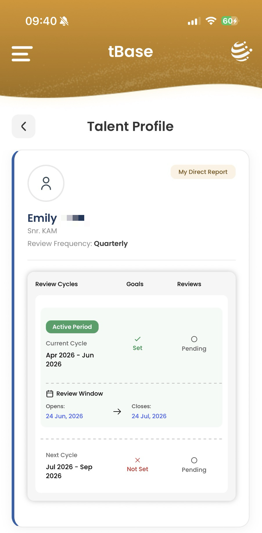 Talent Profile — header and review cycles