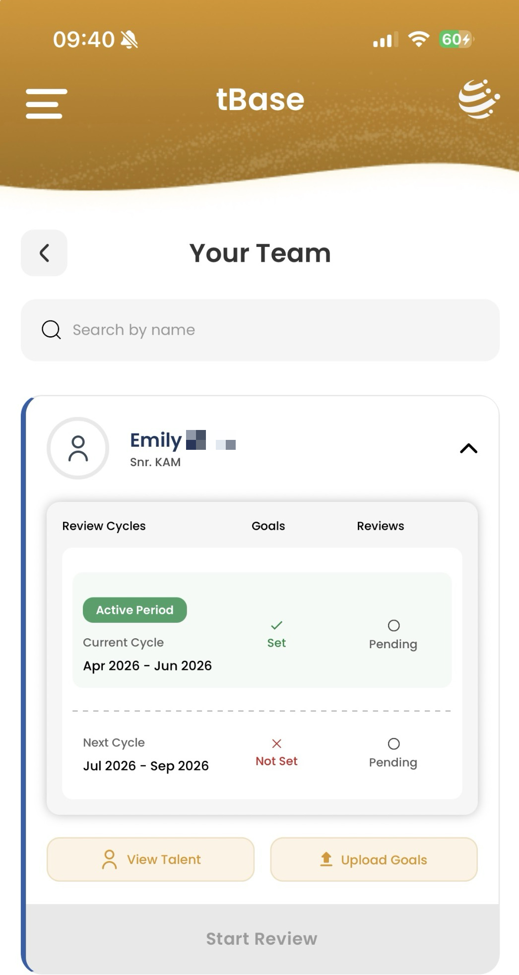 Your Team list with Emily's cycle expanded