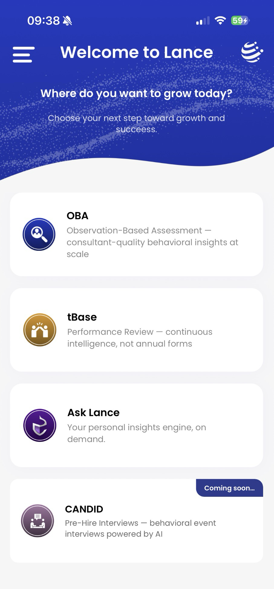 GloCoach app welcome menu with tBase tile